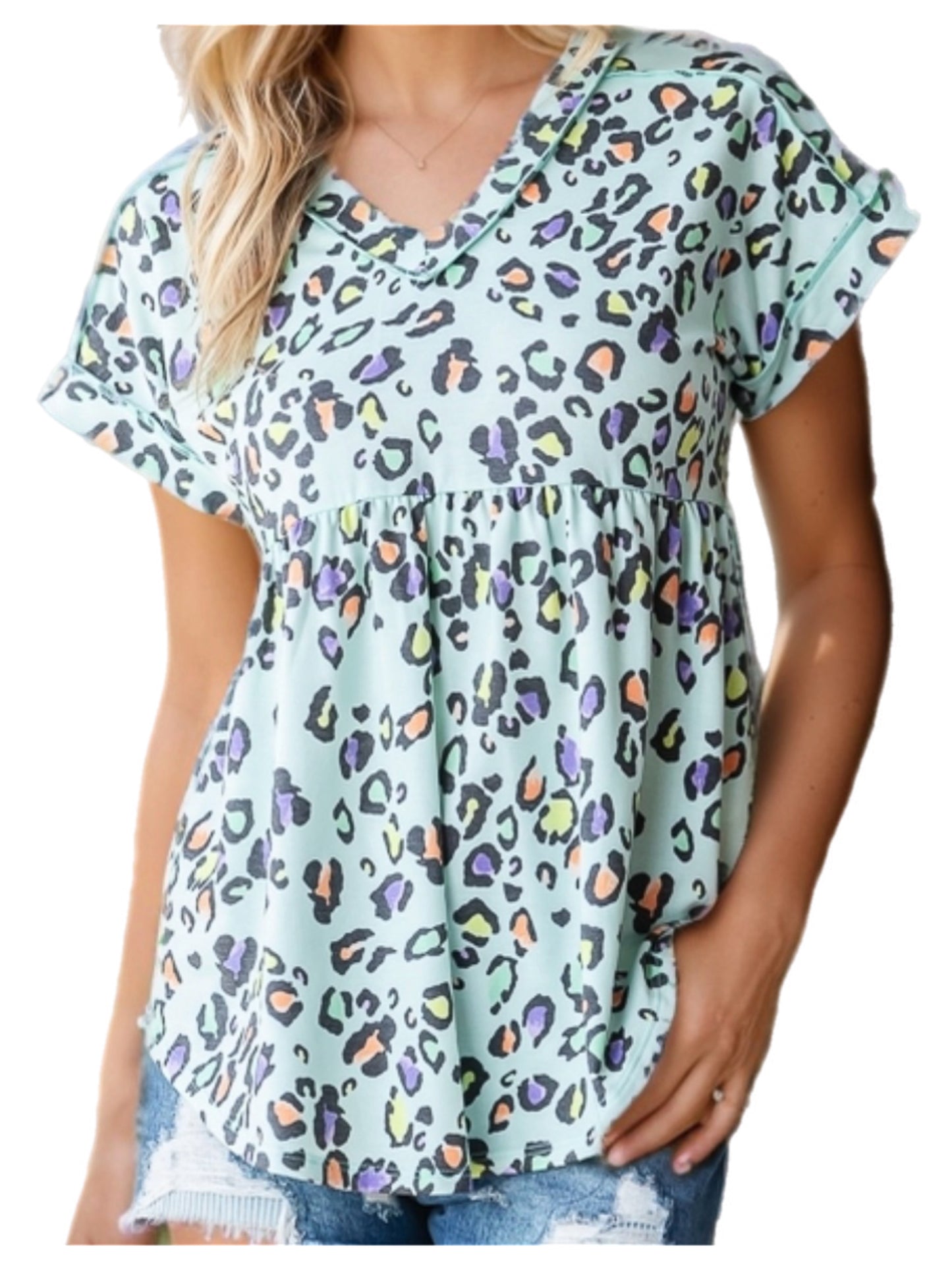 Mint Colorful Cheetah Baby Doll Top