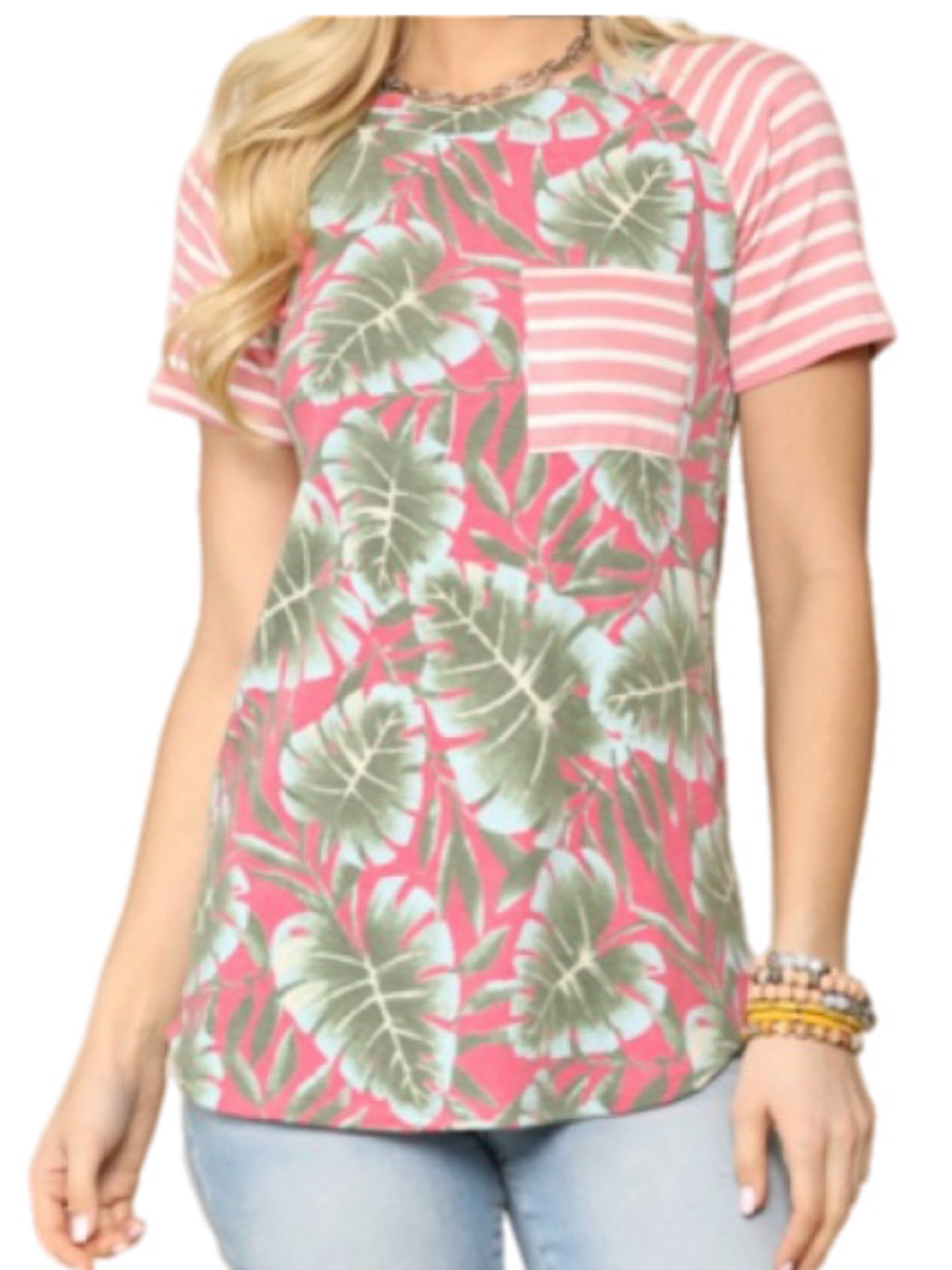 Pink Tropical Print Top w/ Stripes