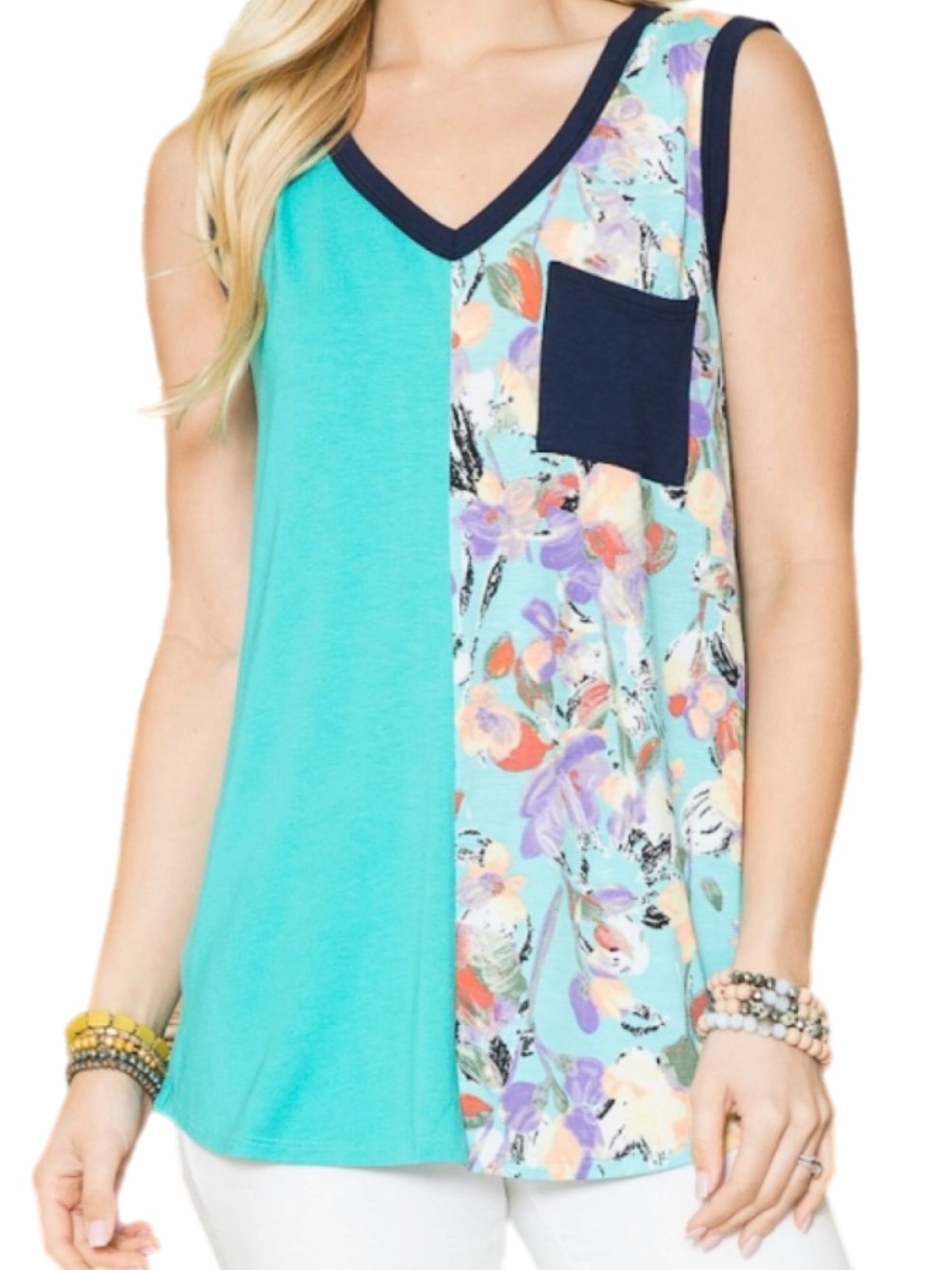 Blue Floral Color Block Tank