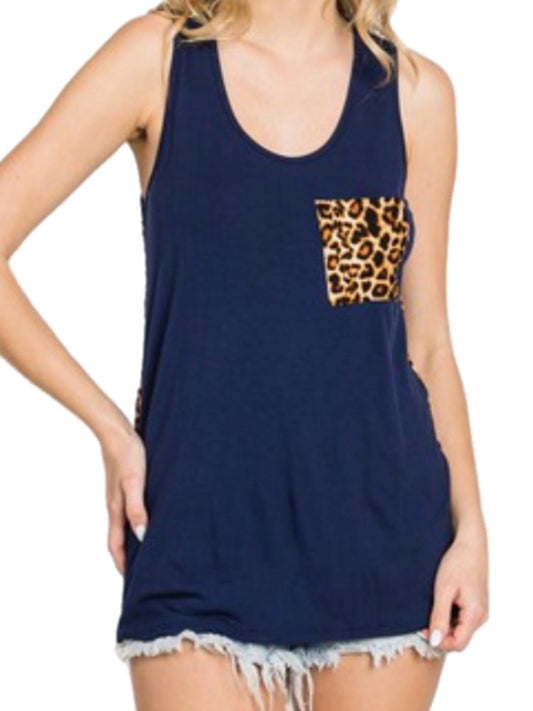 Navy Tank w/ Leopard Pocket & Back