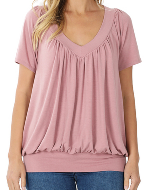 Rose Short Sleeve Pleated V-Neck Top