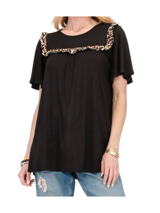 Black Top w/ Leopard Ruffle Detail